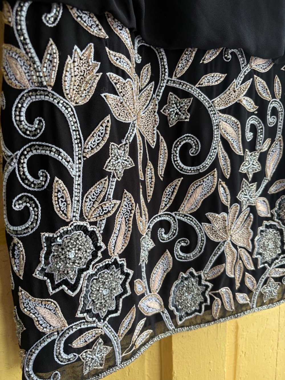 Adrianna Papell Black Dress with Gold and Silver Bead Embroidery